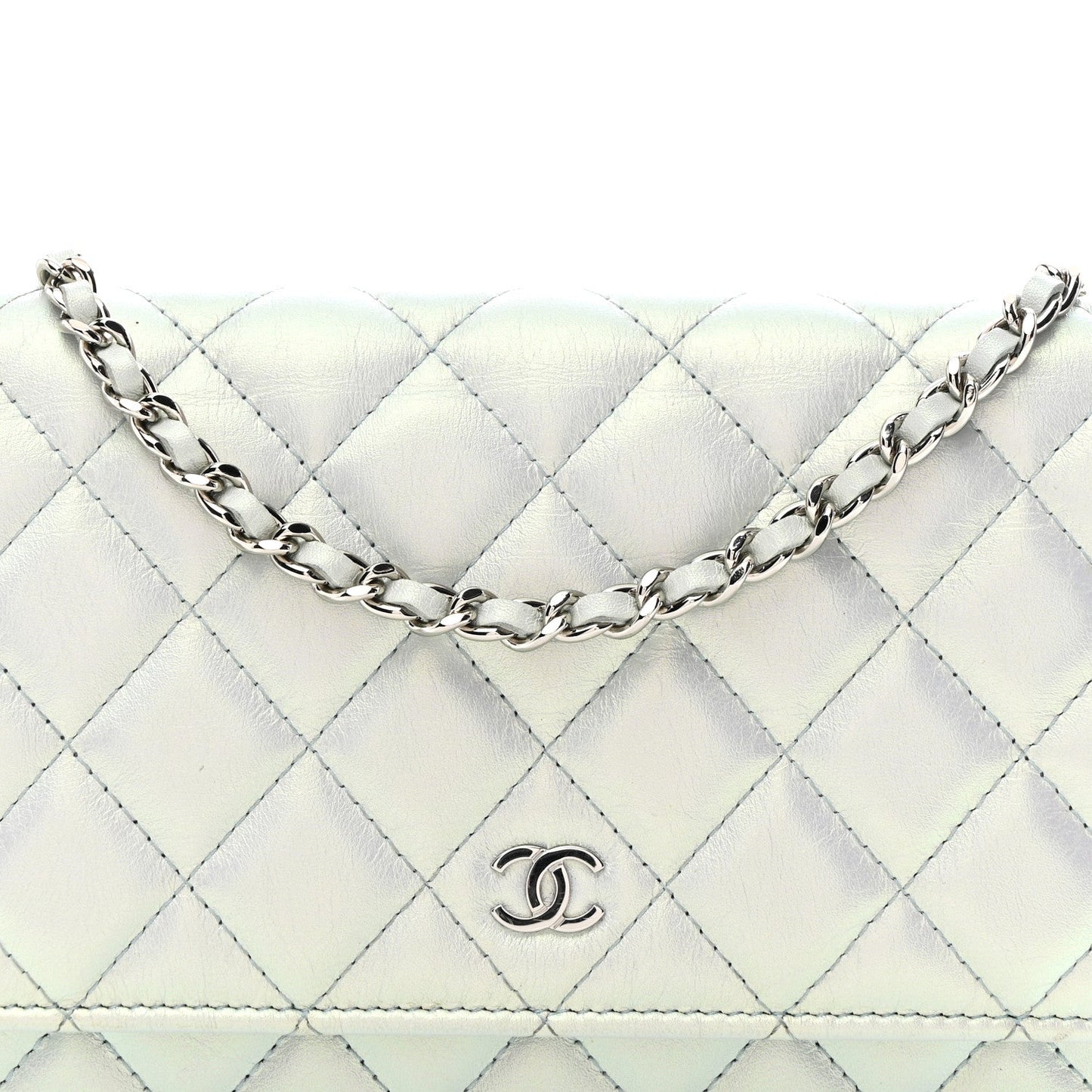 Iridescent Calfskin Quilted Wallet On Chain WOC Light Blue