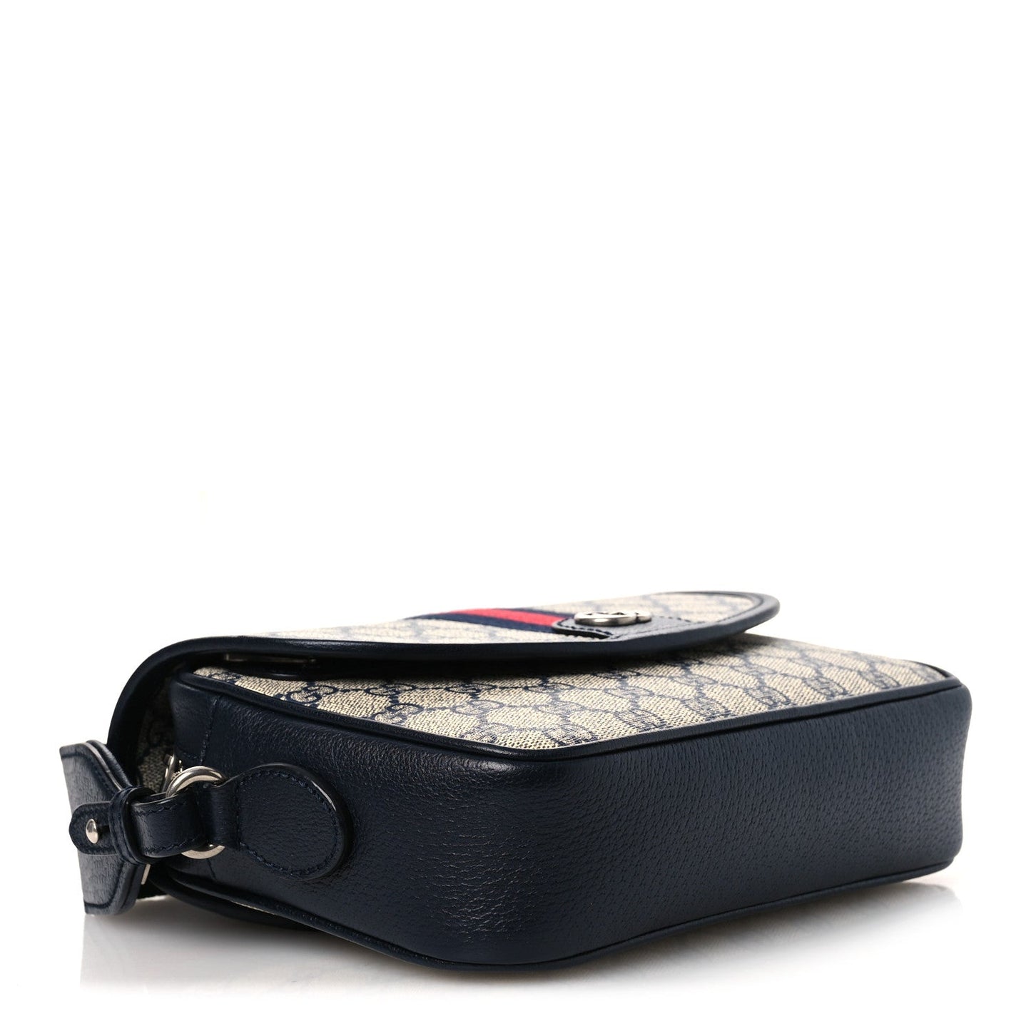 GG Supreme Monogram Textured Dollar Calfskin Web Studded Mini Ophidia Flap Shoulder Bag Beige Blue