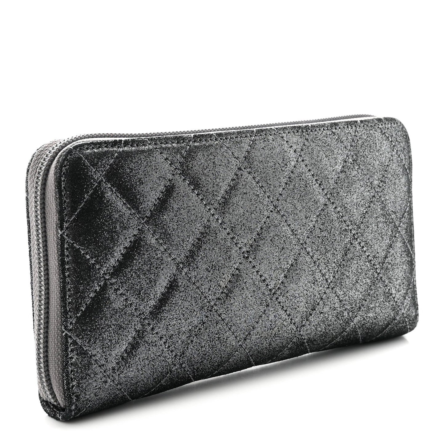 Iridescent Calfskin Quilted Tartan Button Zip Around Wallet Grey