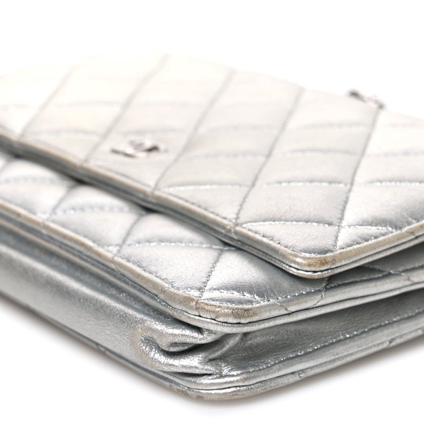 Metallic Lambskin Quilted Wallet On Chain WOC Silver