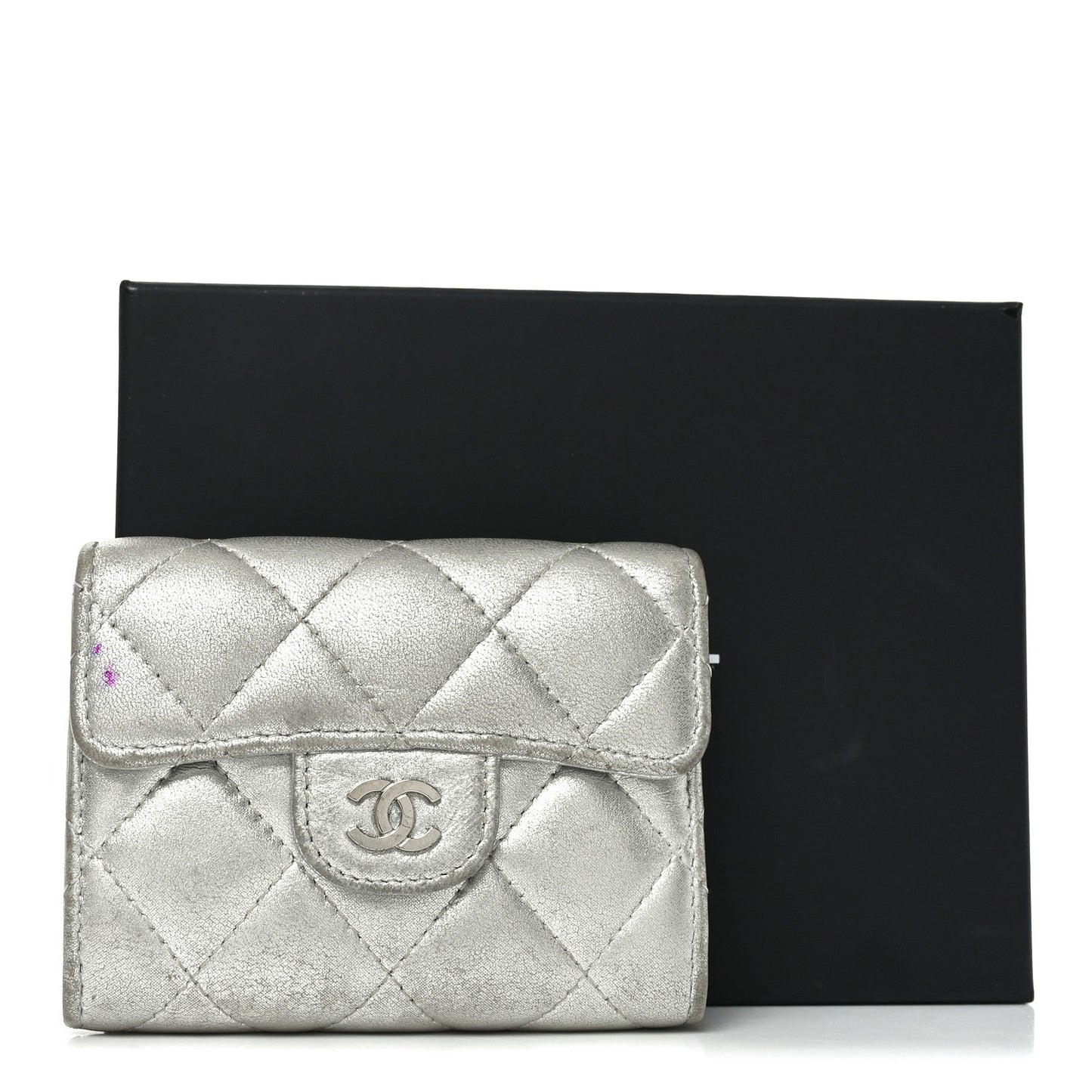 Metallic Lambskin Quilted Flap Card Holder Wallet Silver
