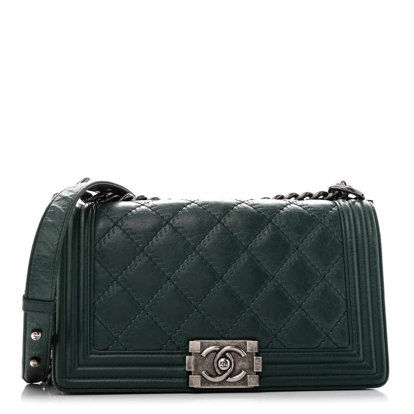 Calfskin Double Stitch Medium Boy Flap Green