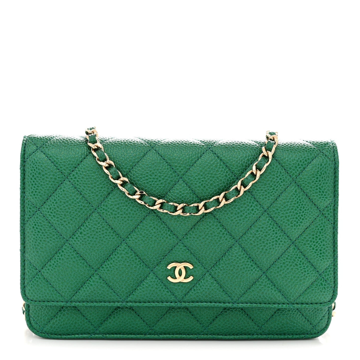 Metallic Caviar Quilted Wallet On Chain WOC Green