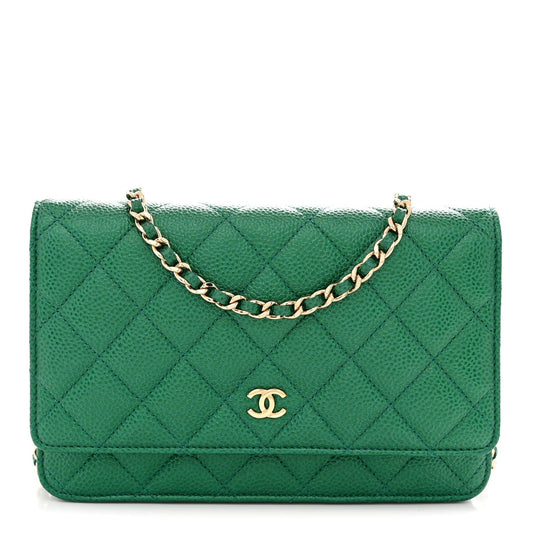 Metallic Caviar Quilted Wallet On Chain WOC Green