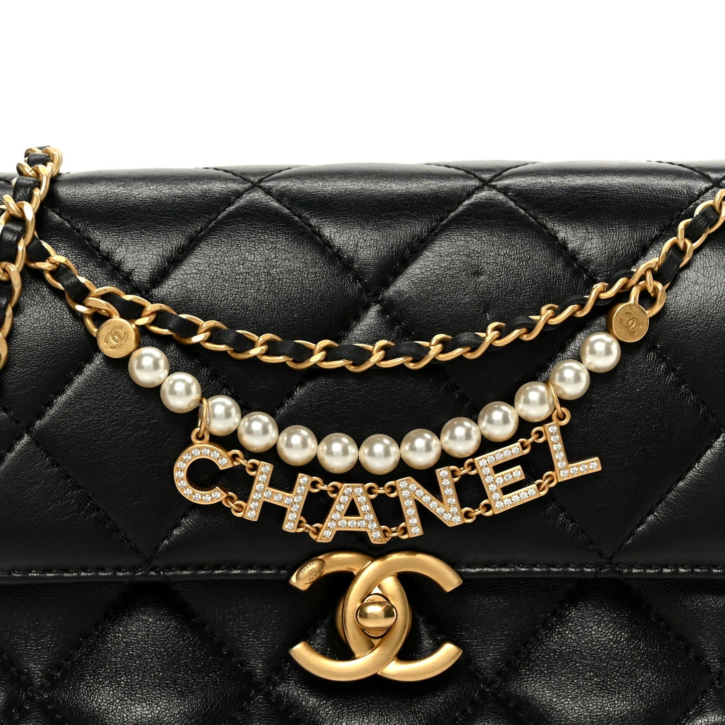 Shiny Lambskin Quilted Mini Pearl Logo Flap Black