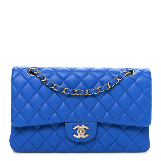 Lambskin Quilted Medium Double Flap Blue