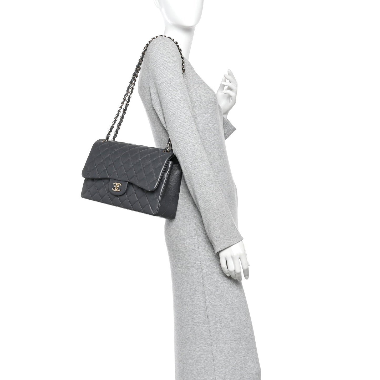 Caviar Quilted Jumbo Double Flap Dark Grey