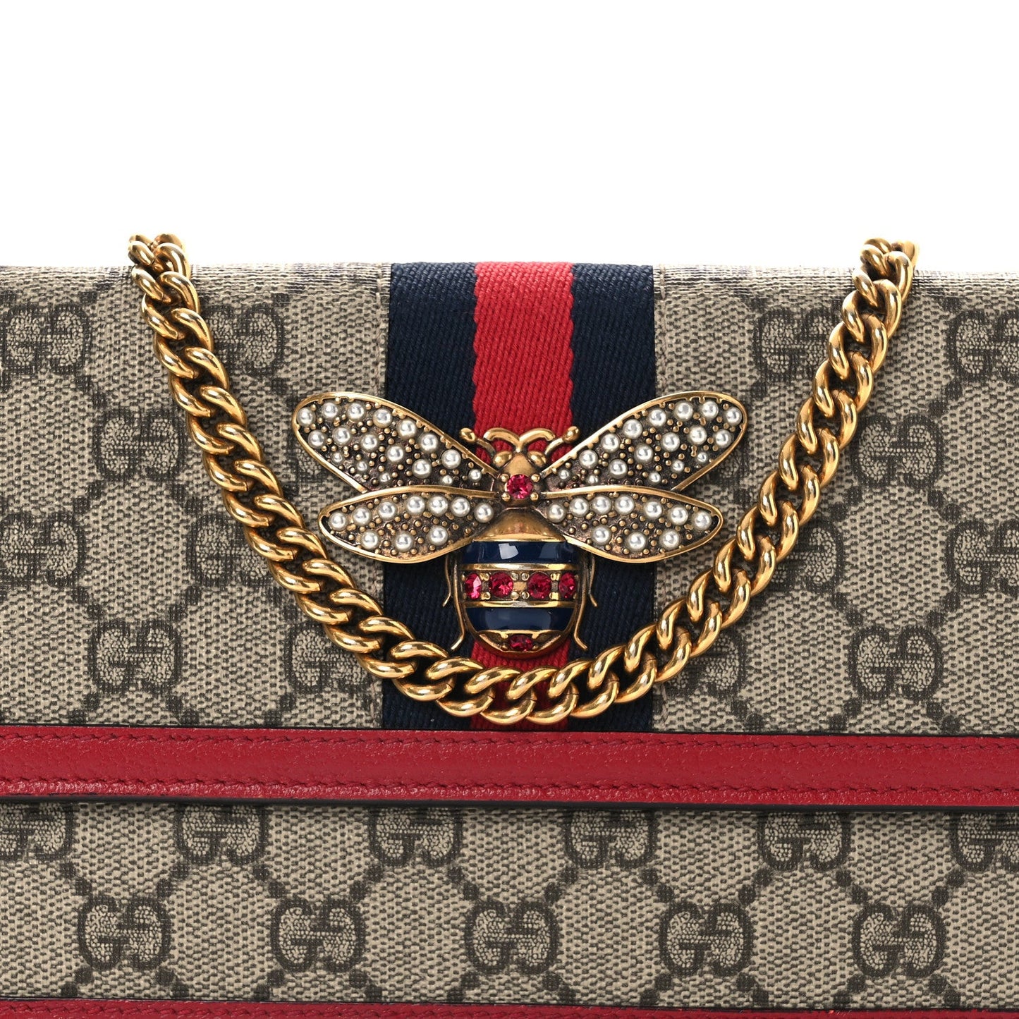 GG Supreme Monogram Web Queen Margaret Chain Wallet Red