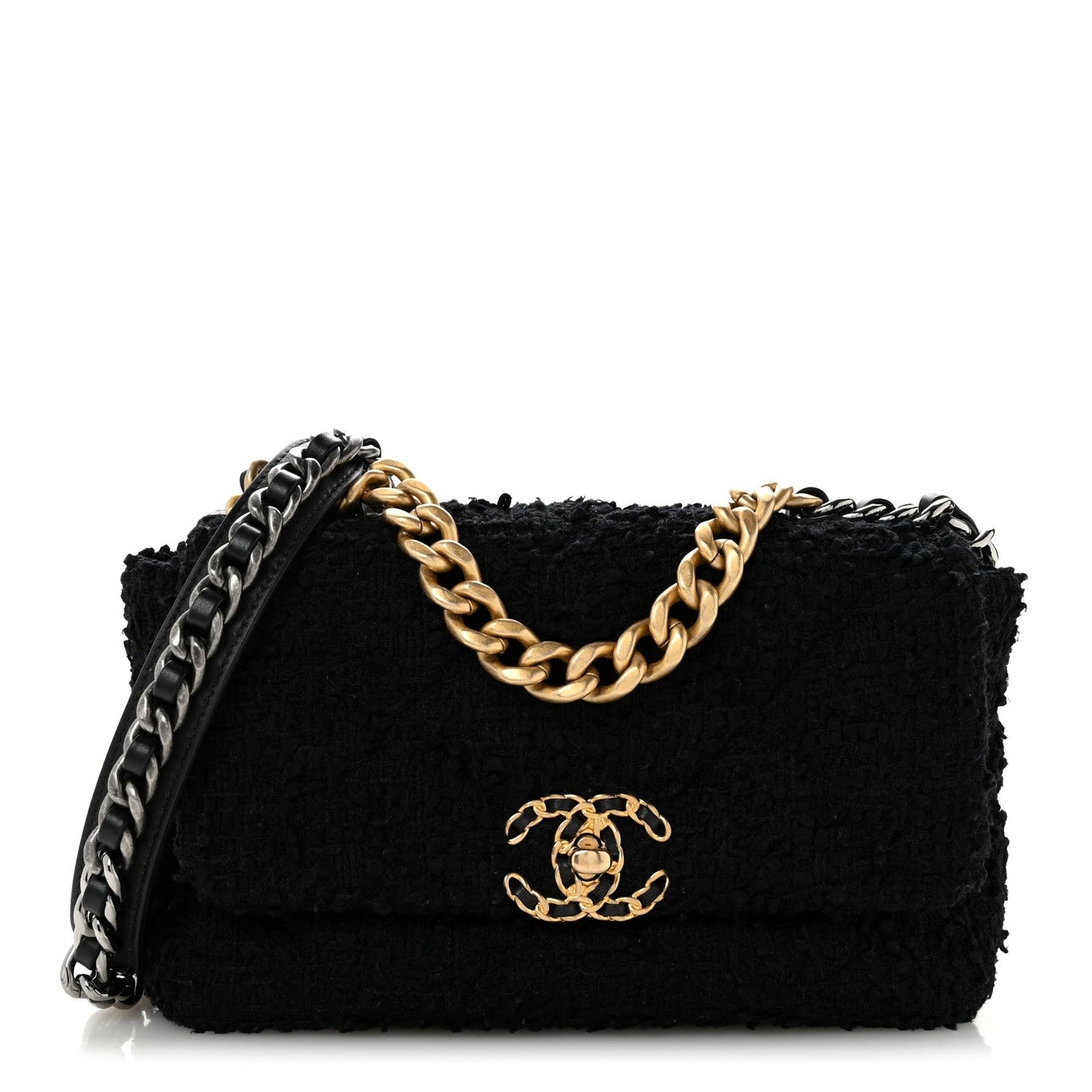 Tweed Quilted Medium Chanel 19 Flap Black