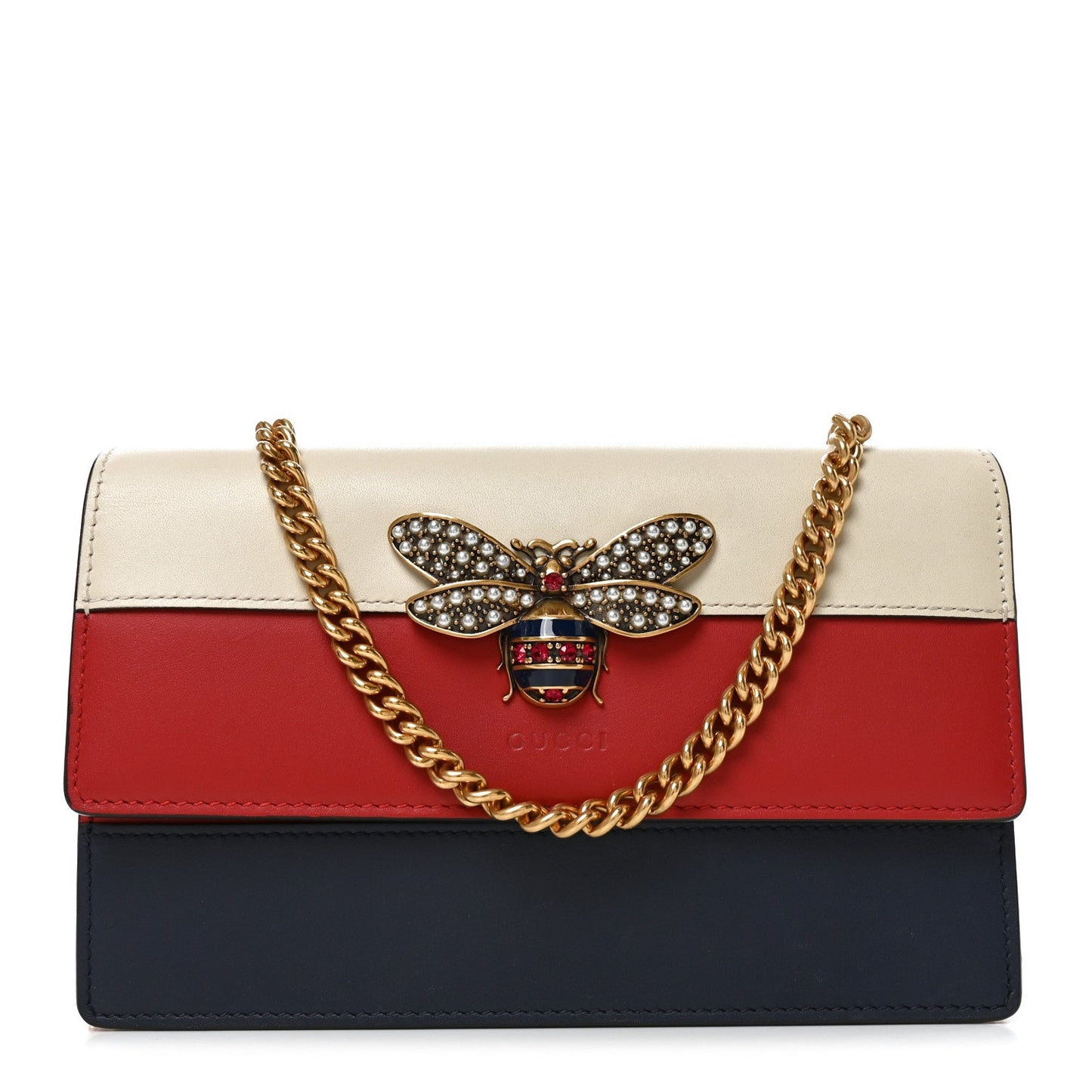 Calfskin Queen Margaret Chain Wallet Blue Agata Hibiscus Red Mystic White