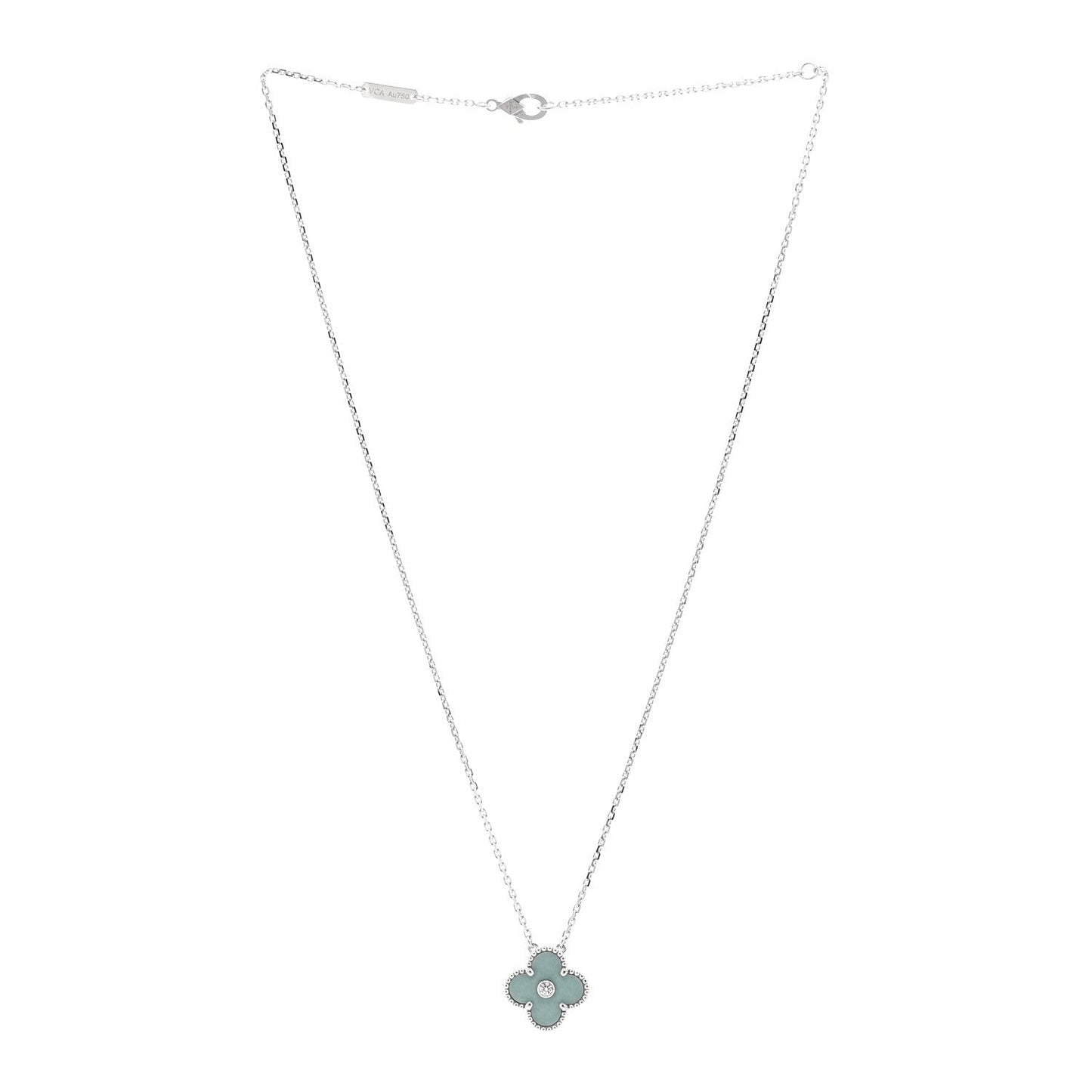 18K White Gold Diamond Celadon Green Sevres Porcelain Vintage Alhambra Pendant Necklace