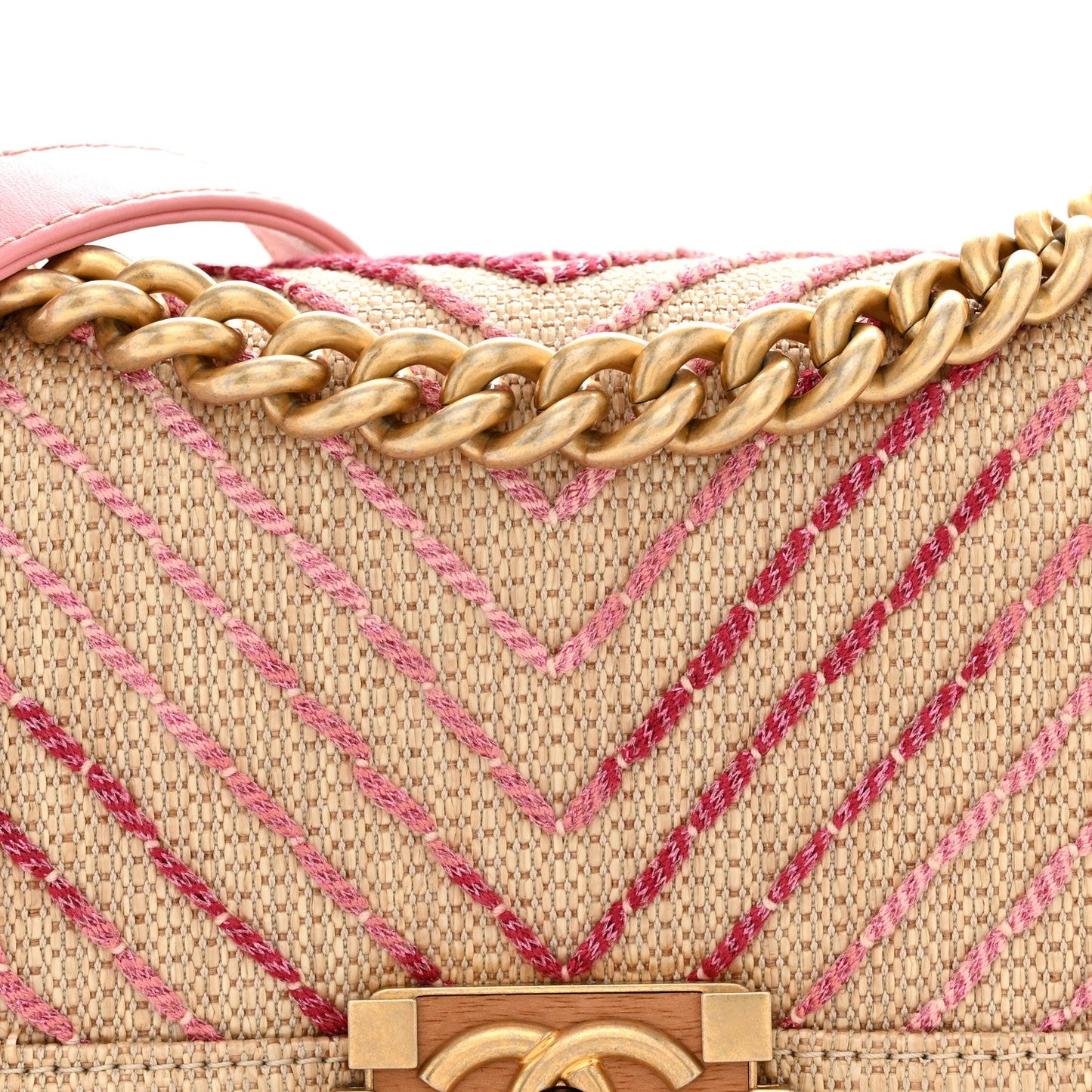 Raffia Chevron Quilted Small Boy Flap Beige Pink