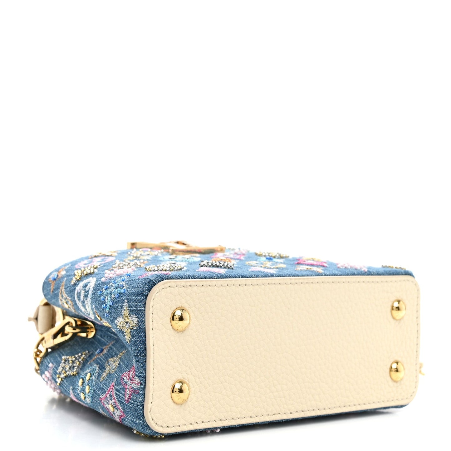 Denim Lurex Beaded Calfskin Capucines Mini Blue Cream