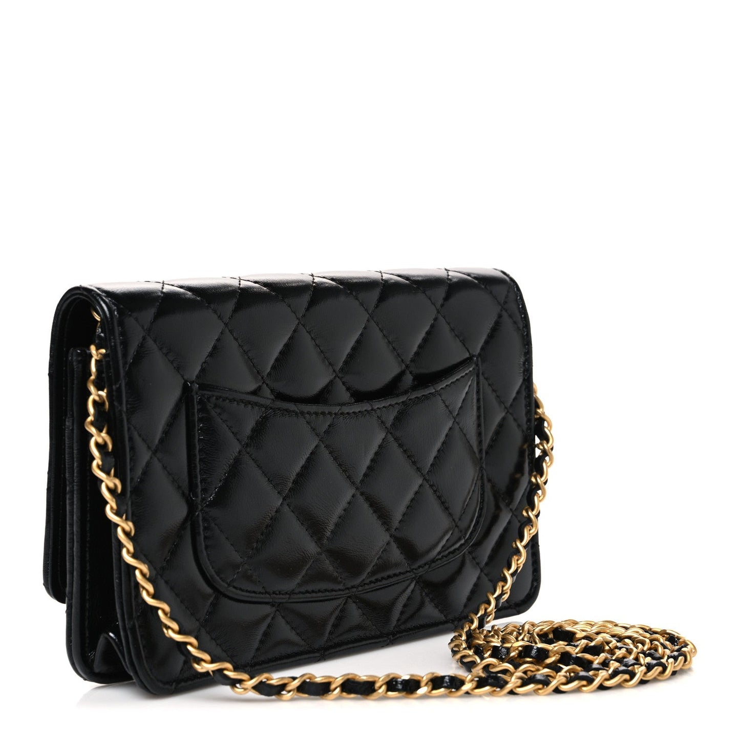 Shiny Lambskin Quilted CC Bow Wallet on Chain WOC Black