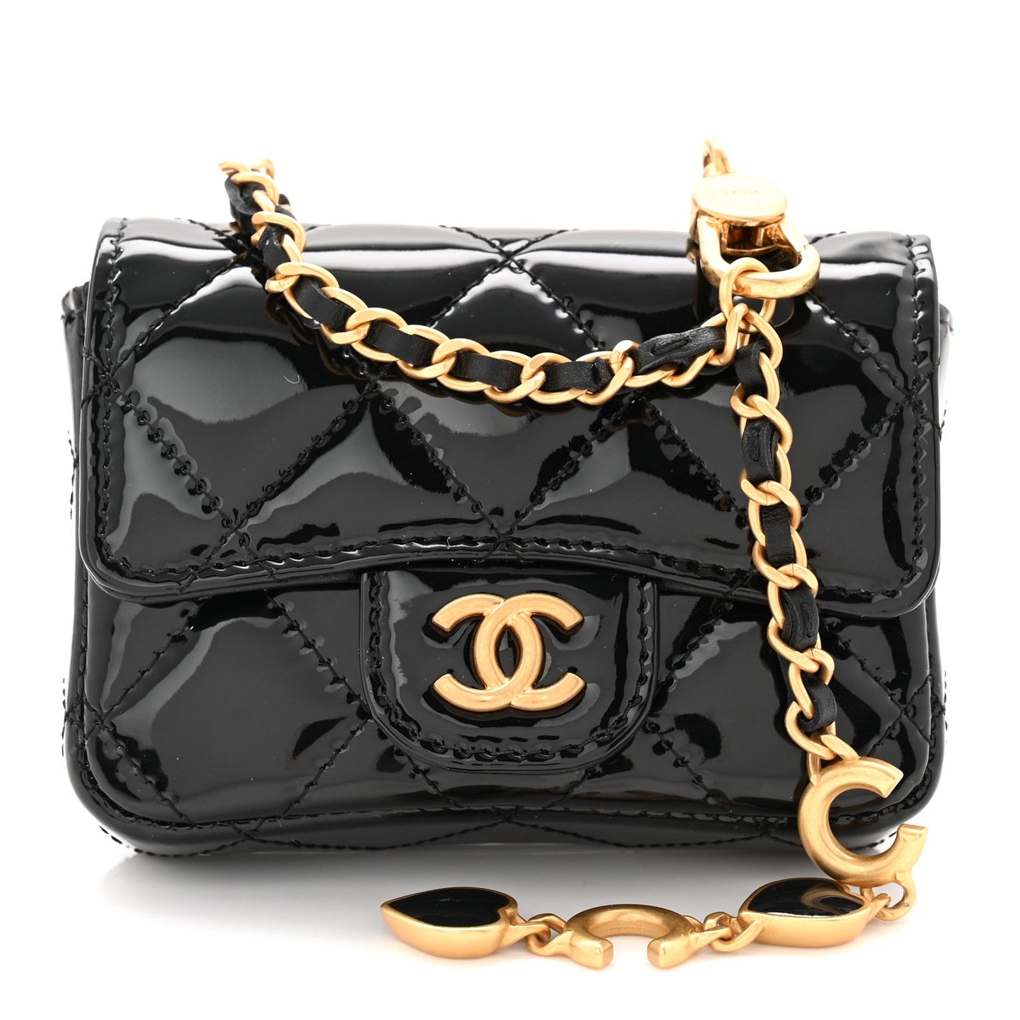 Patent Enamel Quilted Coco Hearts Clutch With Chain Black