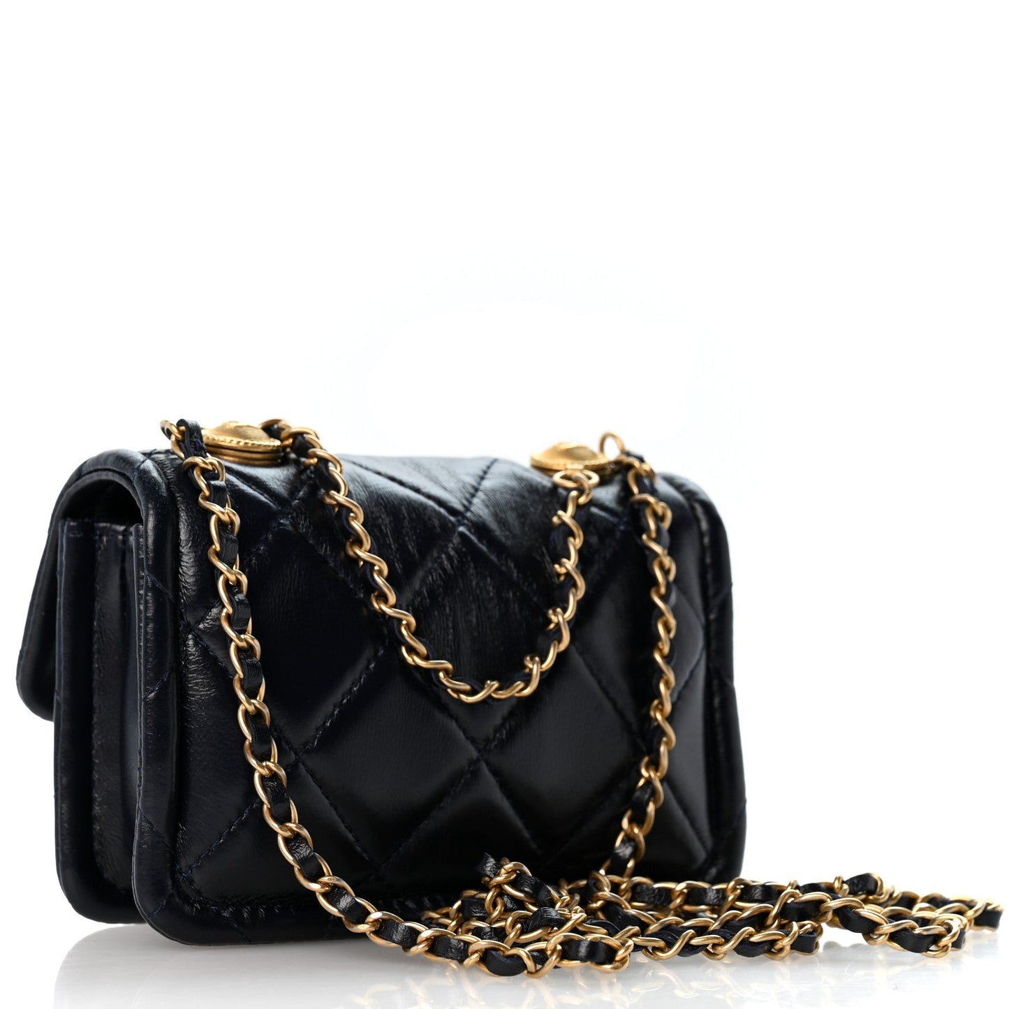 Shiny Lambskin Quilted Extra Mini Flap Navy Blue