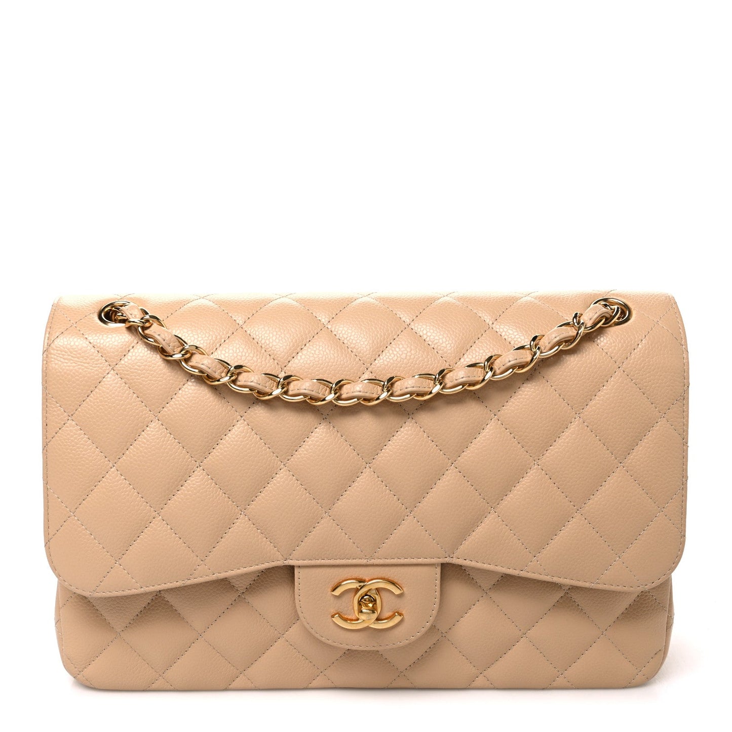 Caviar Quilted Jumbo Double Flap Beige