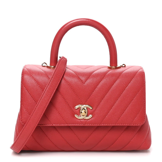 Caviar Chevron Quilted Mini Coco Handle Flap Red