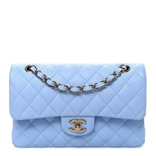 Caviar Quilted Small Double Flap Light Blue