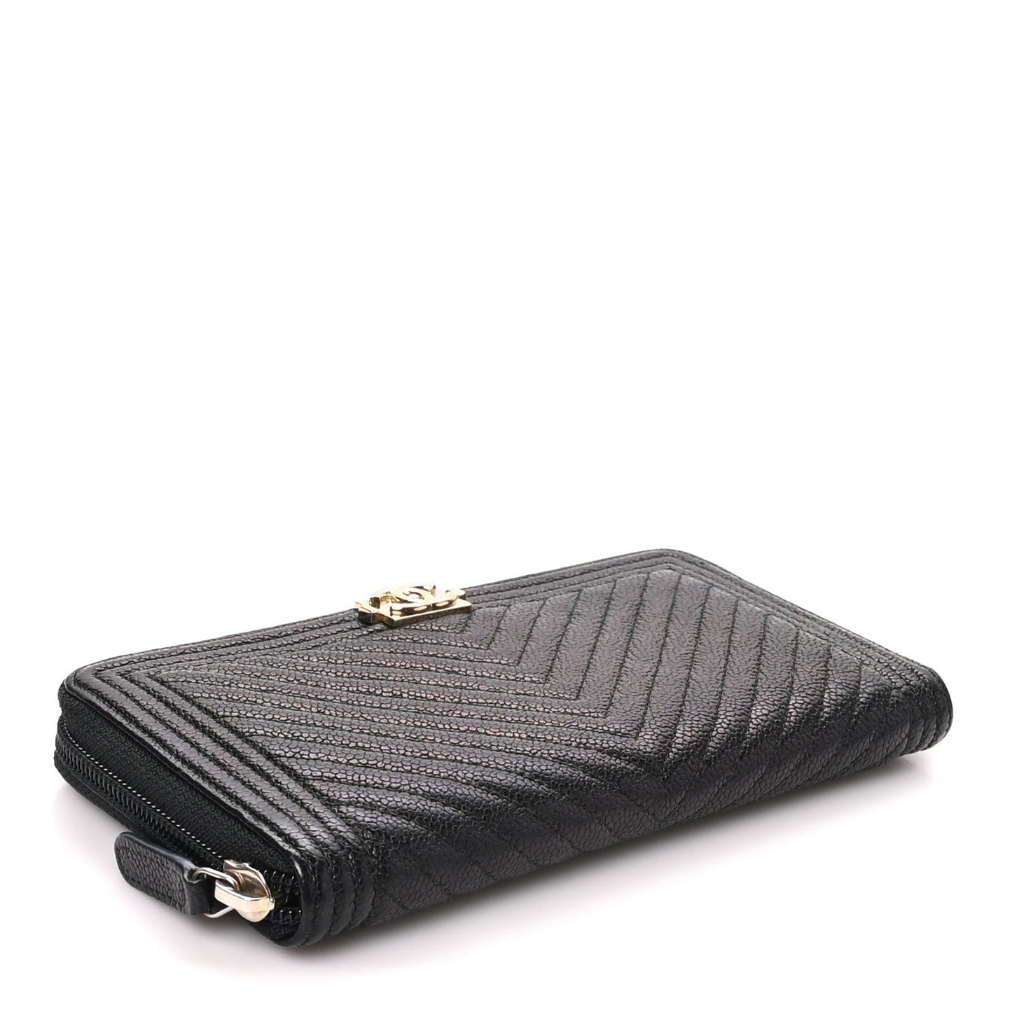 Caviar Chevron Quilted Zip Around Boy Wallet Black