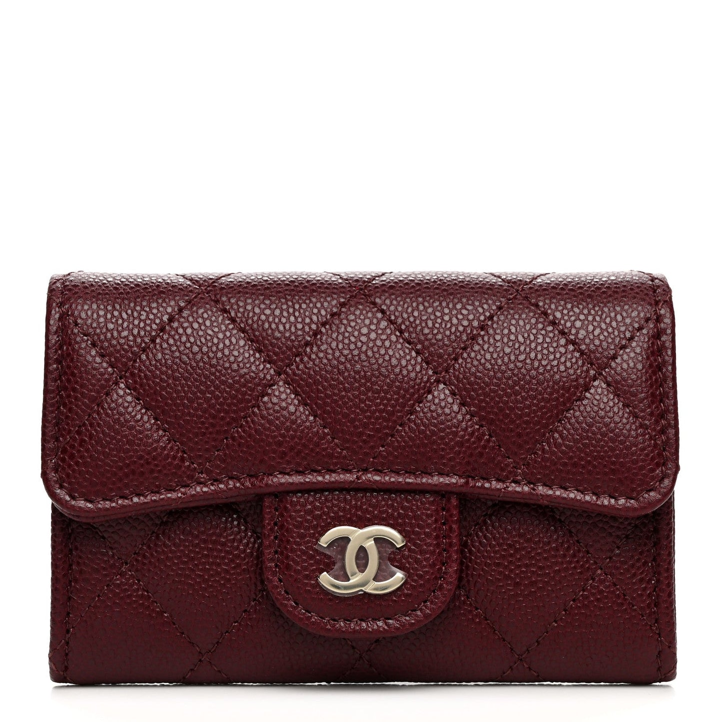 Caviar Quilted Flap Card Holder Wallet Burgundy