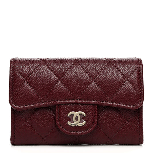 Caviar Quilted Flap Card Holder Wallet Burgundy