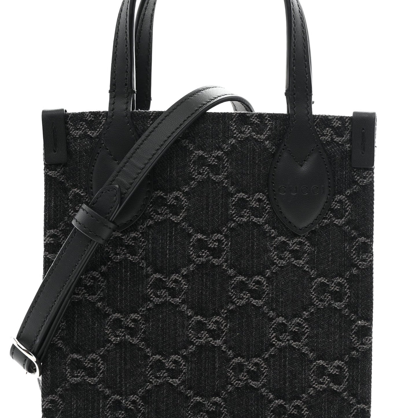 Denim Cuoio Harness GG Monogram Mini Ophidia Tote Bag Black Medium Grey