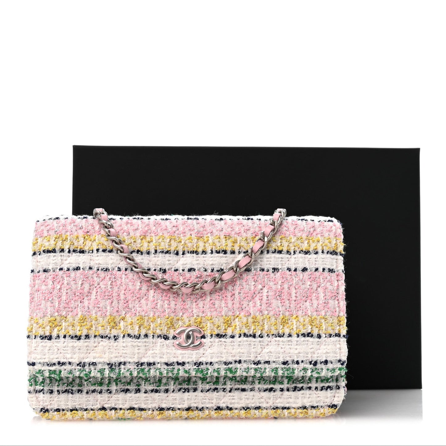 Metallic Tweed Quilted Wallet On Chain WOC White Multicolor