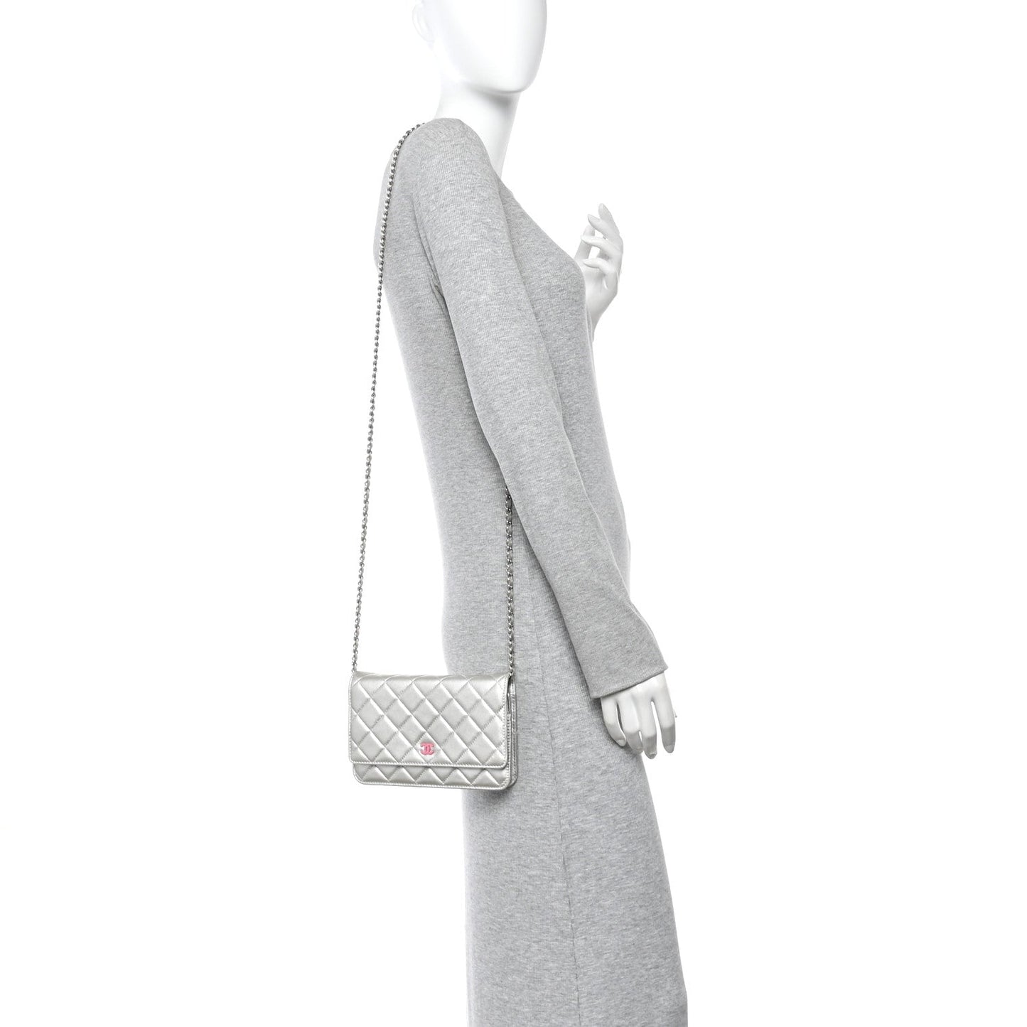 Metallic Lambskin Quilted Wallet On Chain WOC Silver