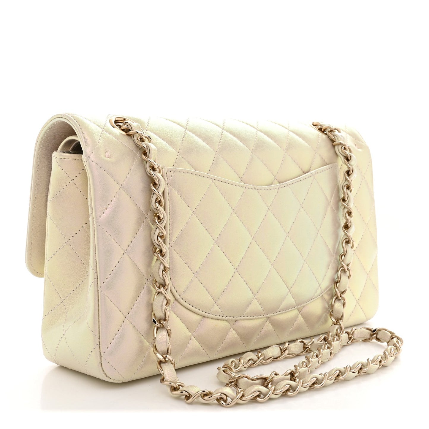 Iridescent Lambskin Quilted Medium Double Flap Ivory
