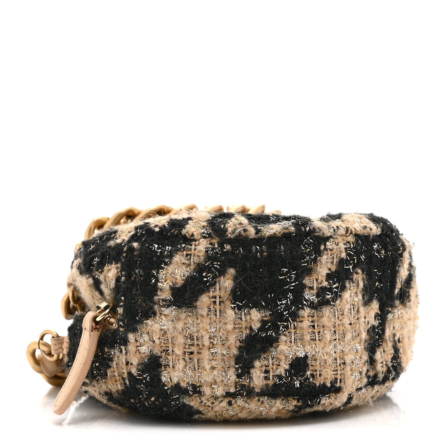 Wool Tweed Lambskin Quilted Chanel 19 Round Clutch With Chain and Coin Purse Beige Black