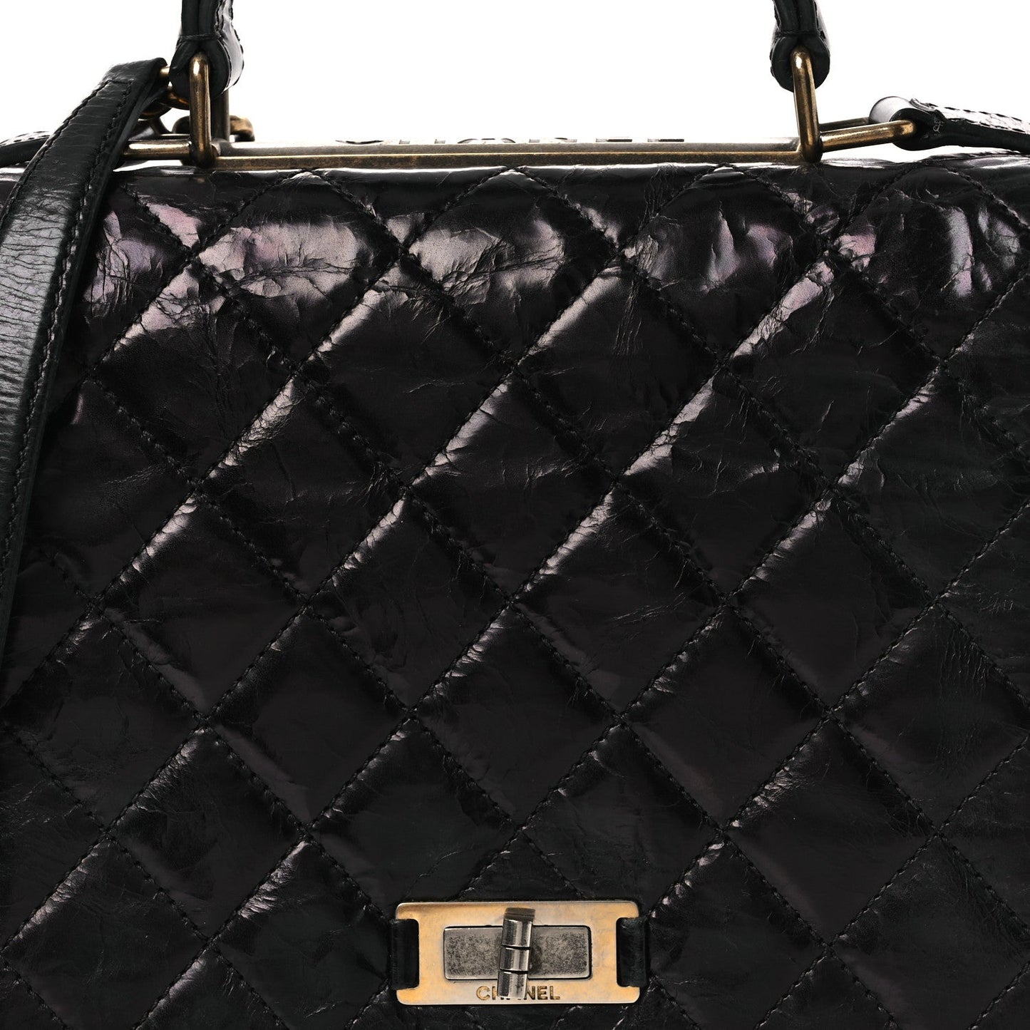 Glazed Calfskin Quilted Rita Top Handle Flap Black