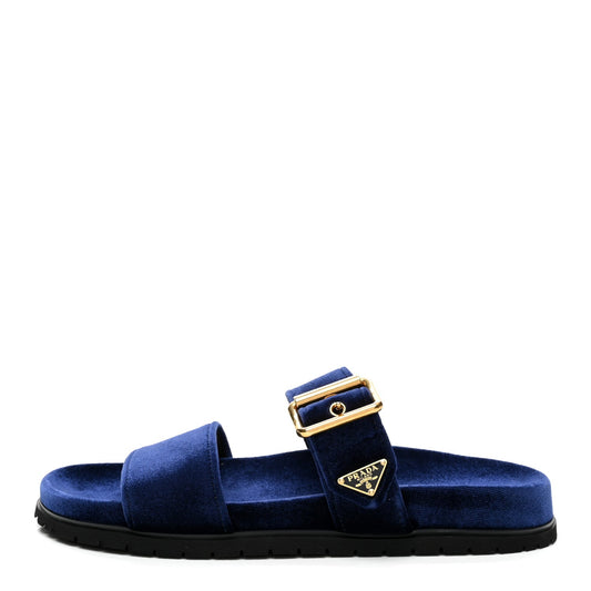 Velvet Metal Triangle Logo Womens Double Buckle 20mm Slide Sandals 39 Bleu