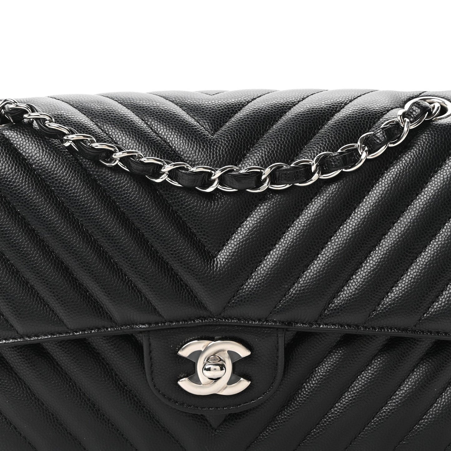 Caviar Chevron Quilted Medium Double Flap Black