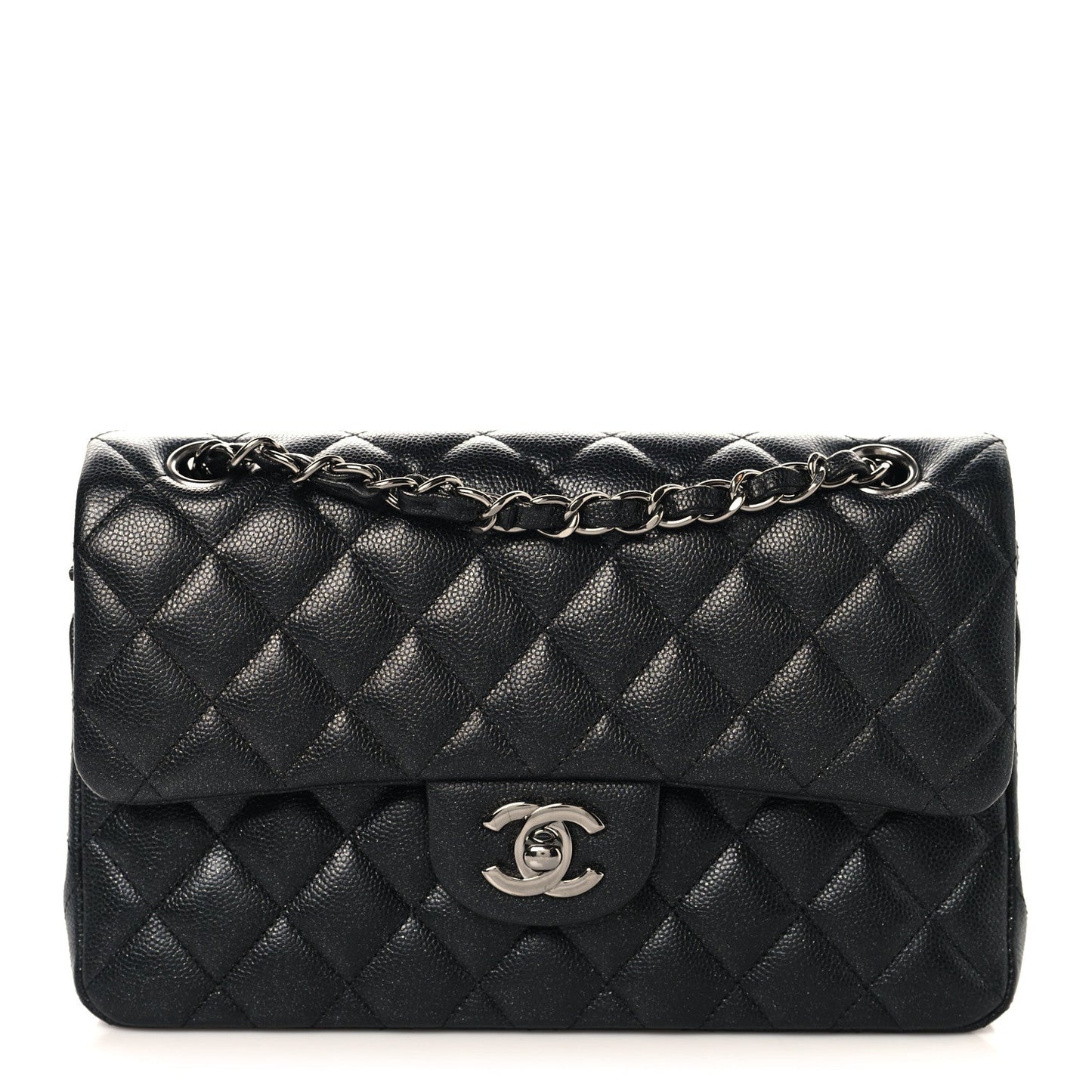 Iridescent Caviar Quilted Small Double Flap Black