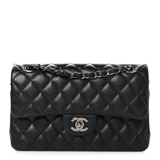 Iridescent Caviar Quilted Small Double Flap Black