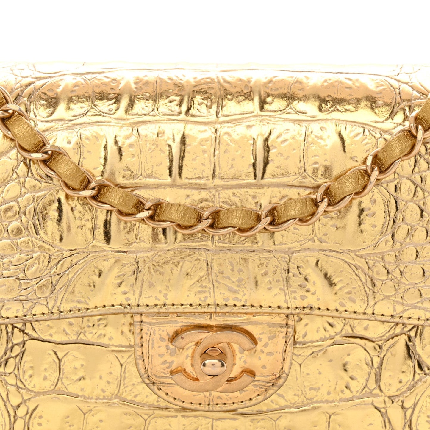 Metallic Calfskin Crocodile Embossed Cocodile Small Double Flap Gold