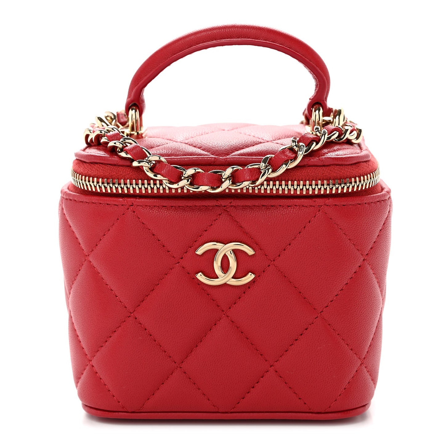 Lambskin Quilted Mini Top Handle Vanity Case With Chain Red