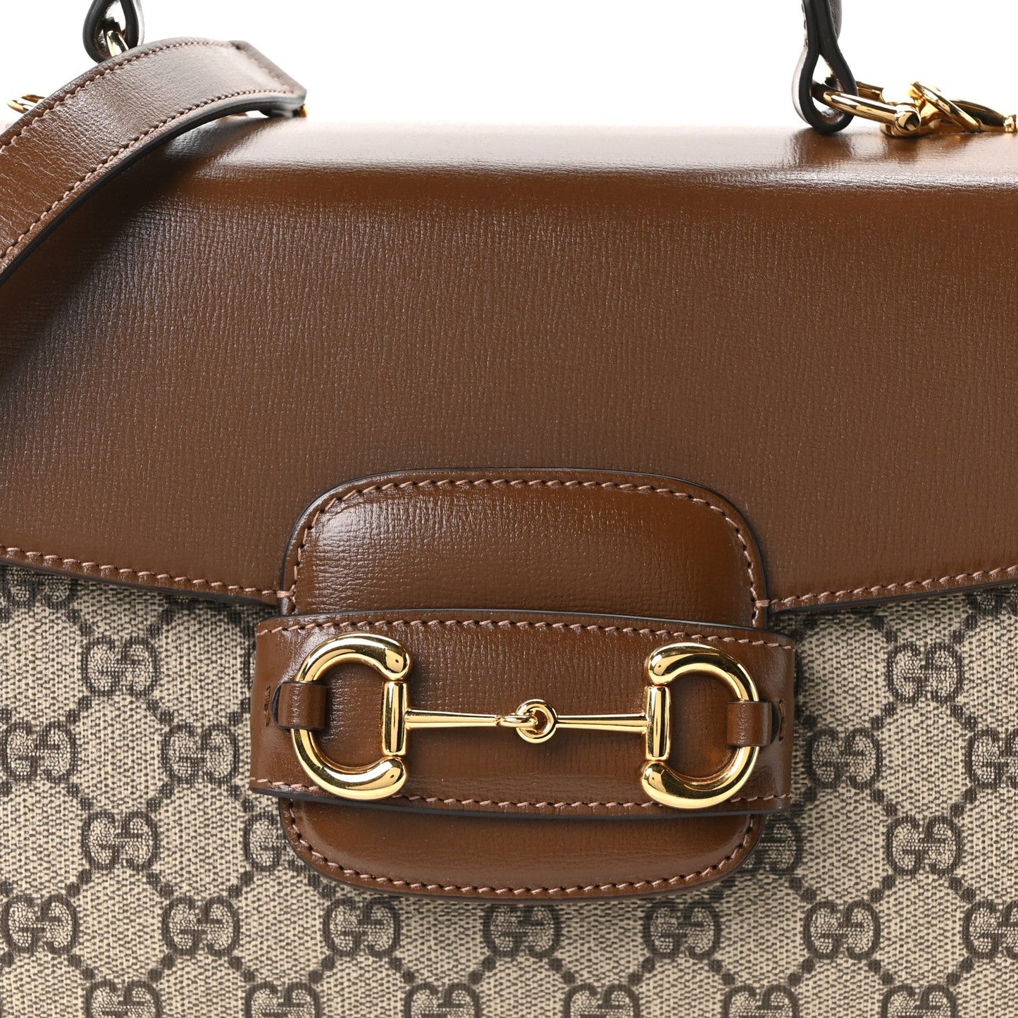 GG Supreme Monogram Calfskin Medium Horsebit 1955 Top Handle Bag Beige Ebony Brown Sugar