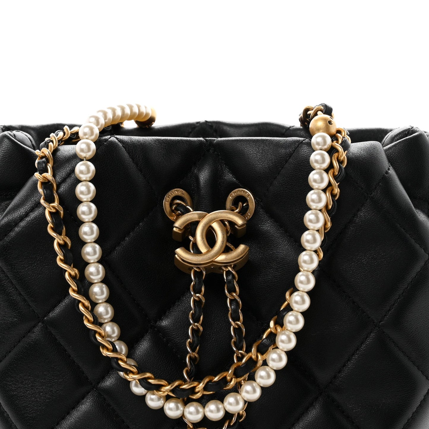 Lambskin Quilted My Perfect Chain Bucket Drawstring Bag Black