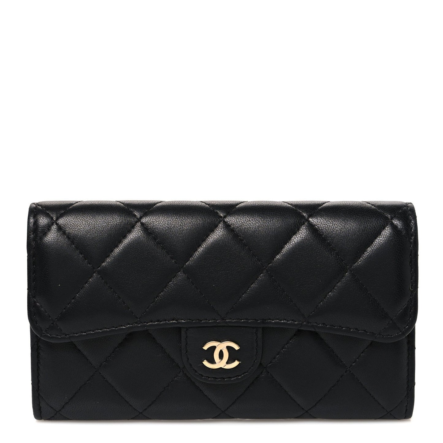 Lambskin Quilted Medium Gusset Flap Wallet Black