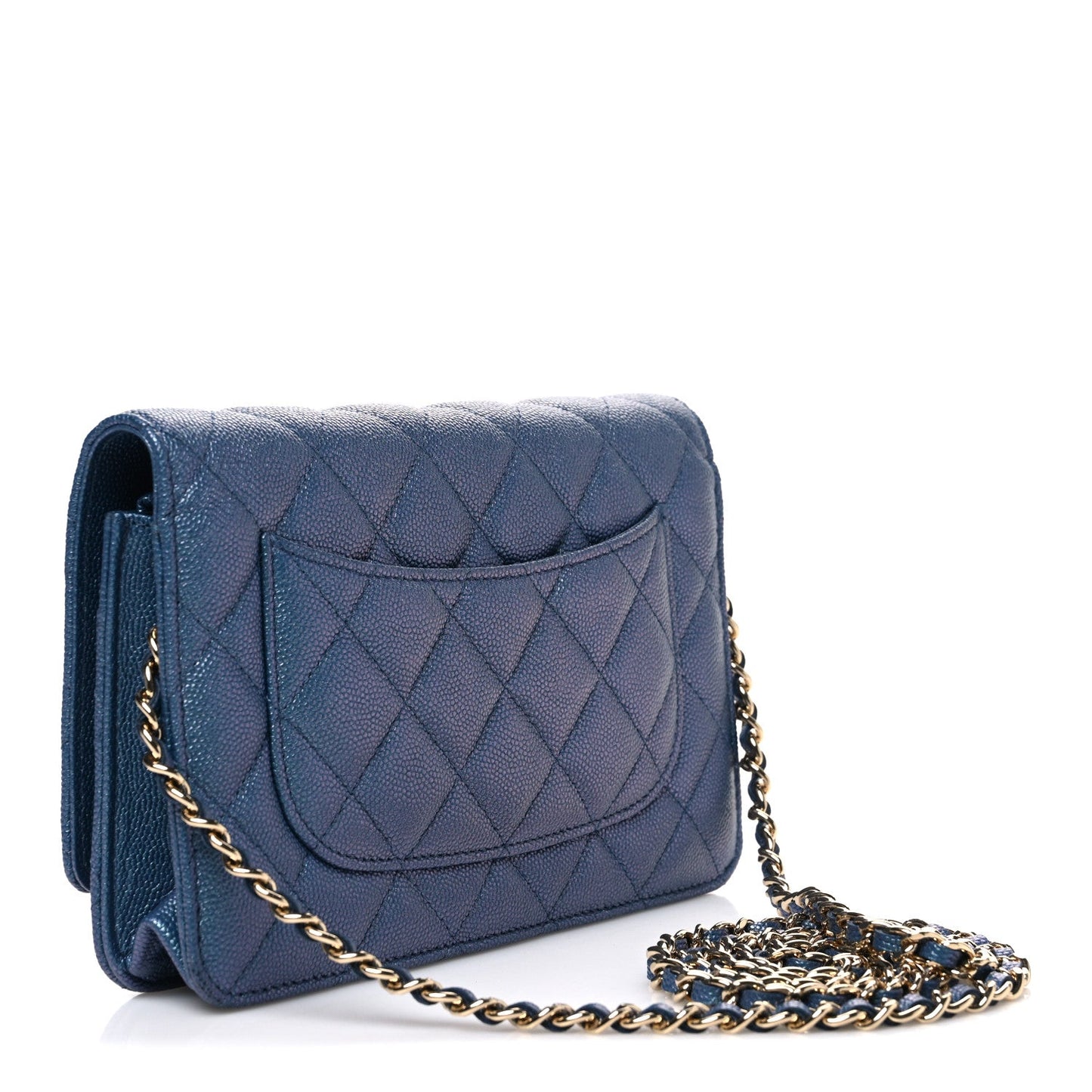 Iridescent Caviar Quilted Wallet on Chain WOC Dark Blue