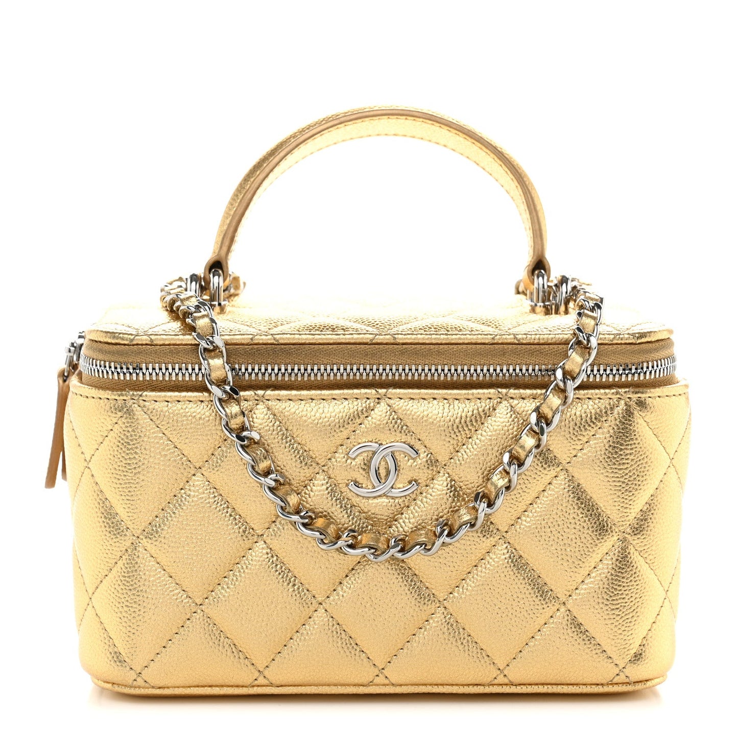 Metallic Caviar Quilted Top Handle Slim Vanity Case With Chain Gold
