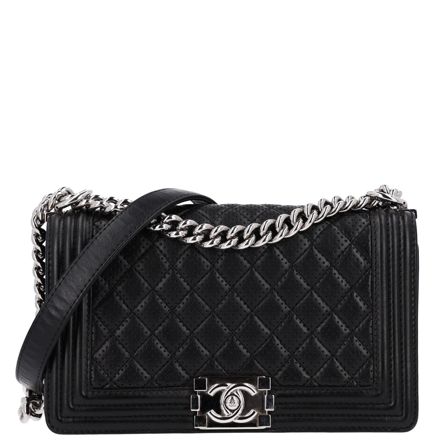 Lambskin Perforated Medium Boy Flap Black