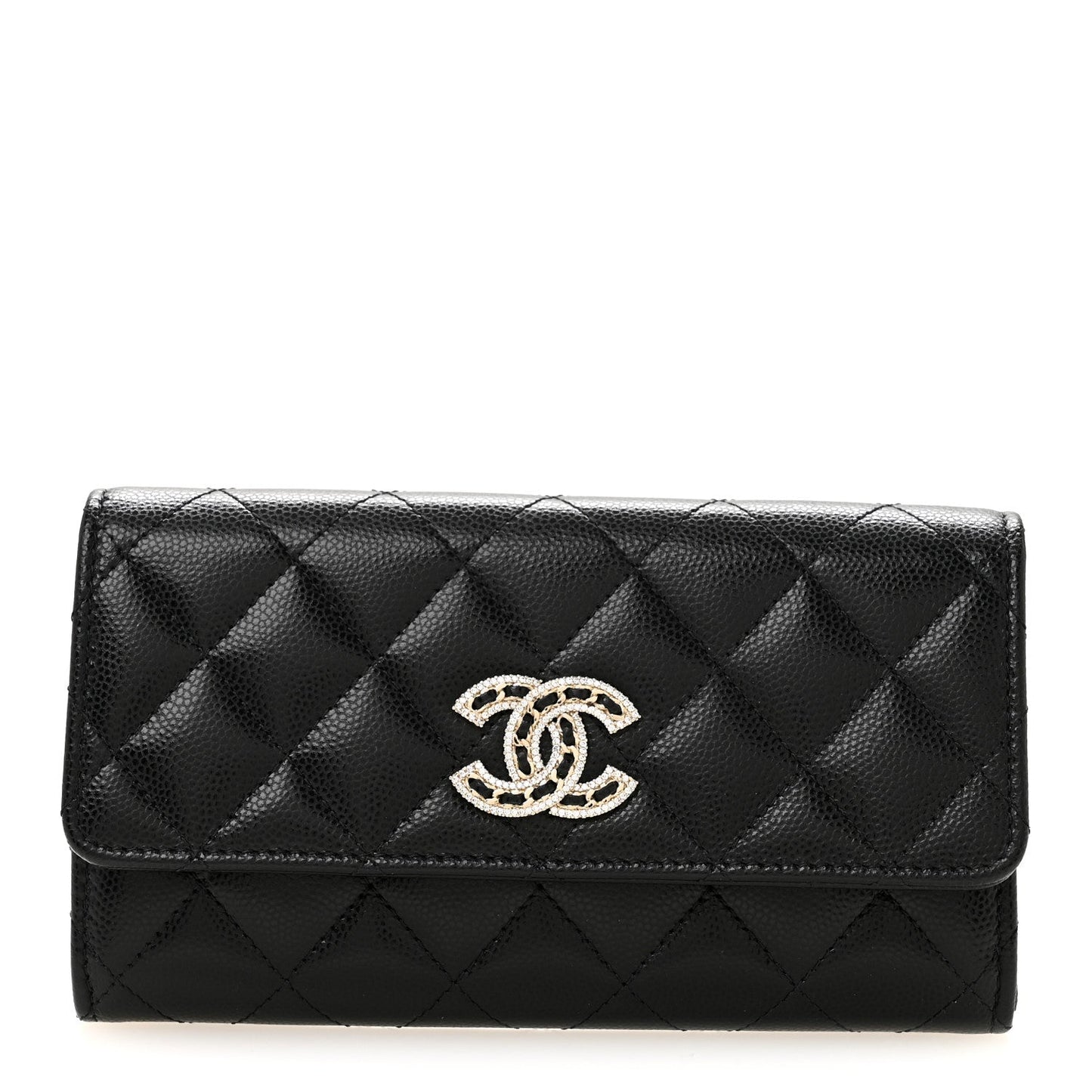Caviar Quilted Crystal CC Large Gusset Flap Wallet Black