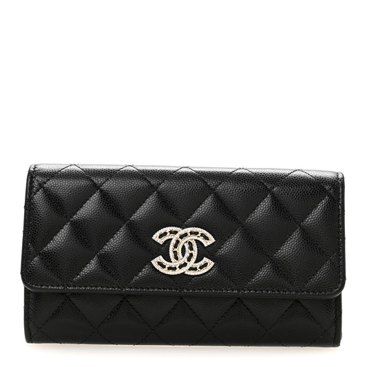 Caviar Quilted Crystal CC Large Gusset Flap Wallet Black