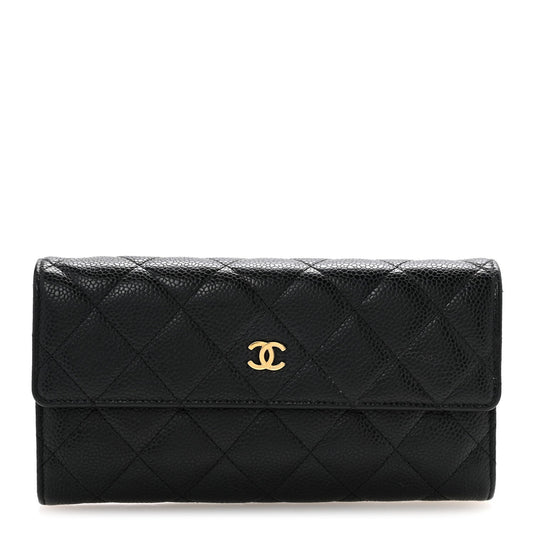 Caviar Quilted Large Gusset Flap Wallet Black