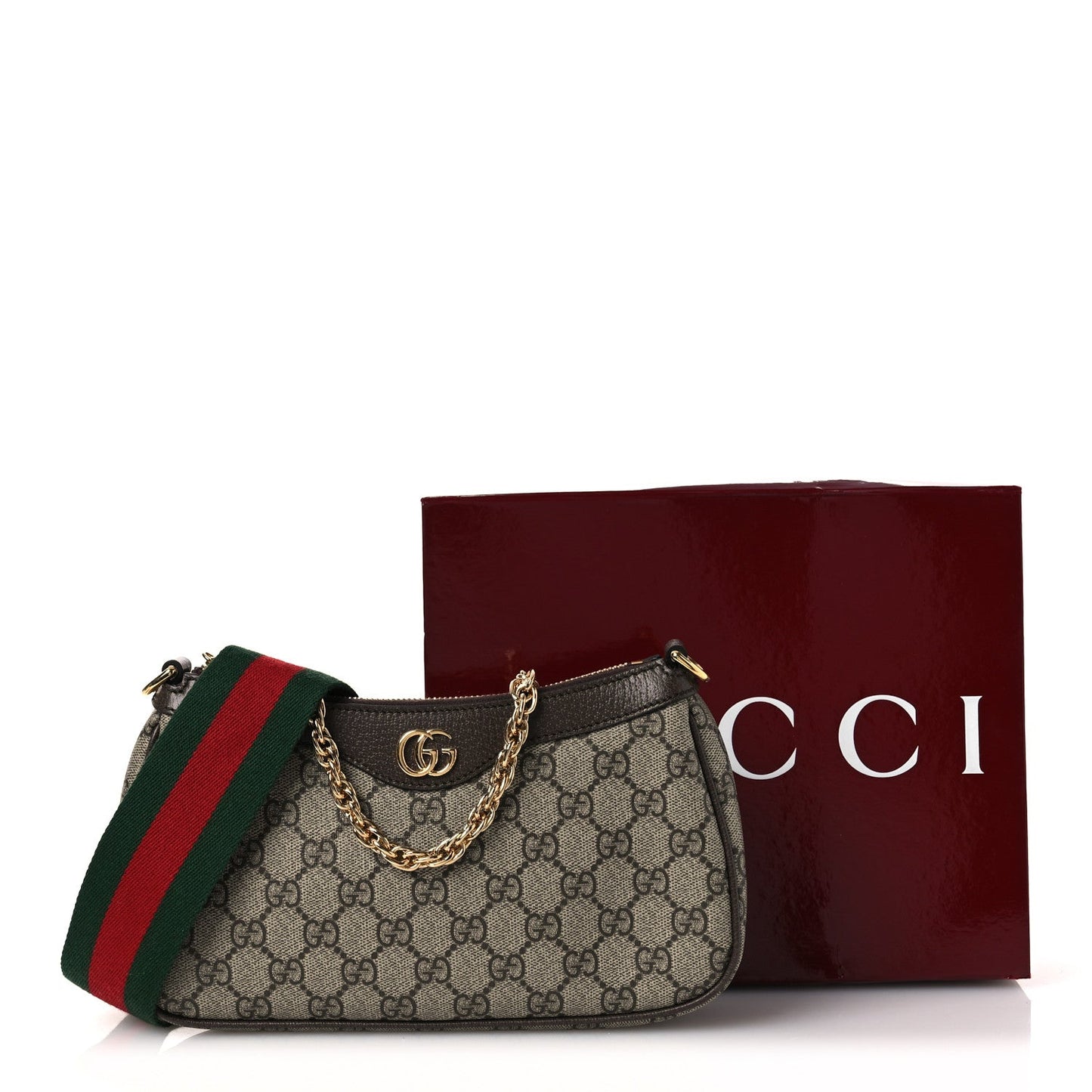 GG Supreme Monogram Textured Dollar Calfskin Web Small Ophidia GG Handbag Beige Ebony New Acero