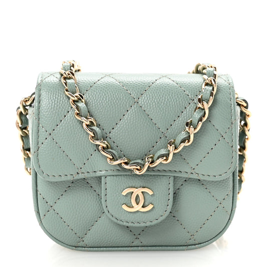 Caviar Quilted Mini Clutch With Chain Light Green