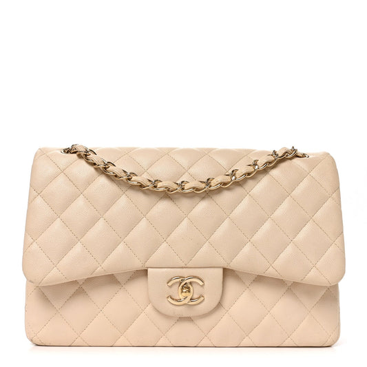 Caviar Quilted Jumbo Double Flap Beige Clair